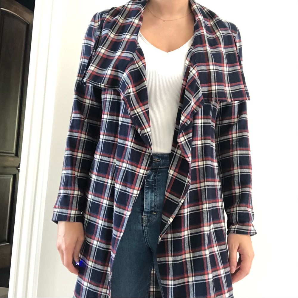 Plaid Long Cardigan with Wrap Tie